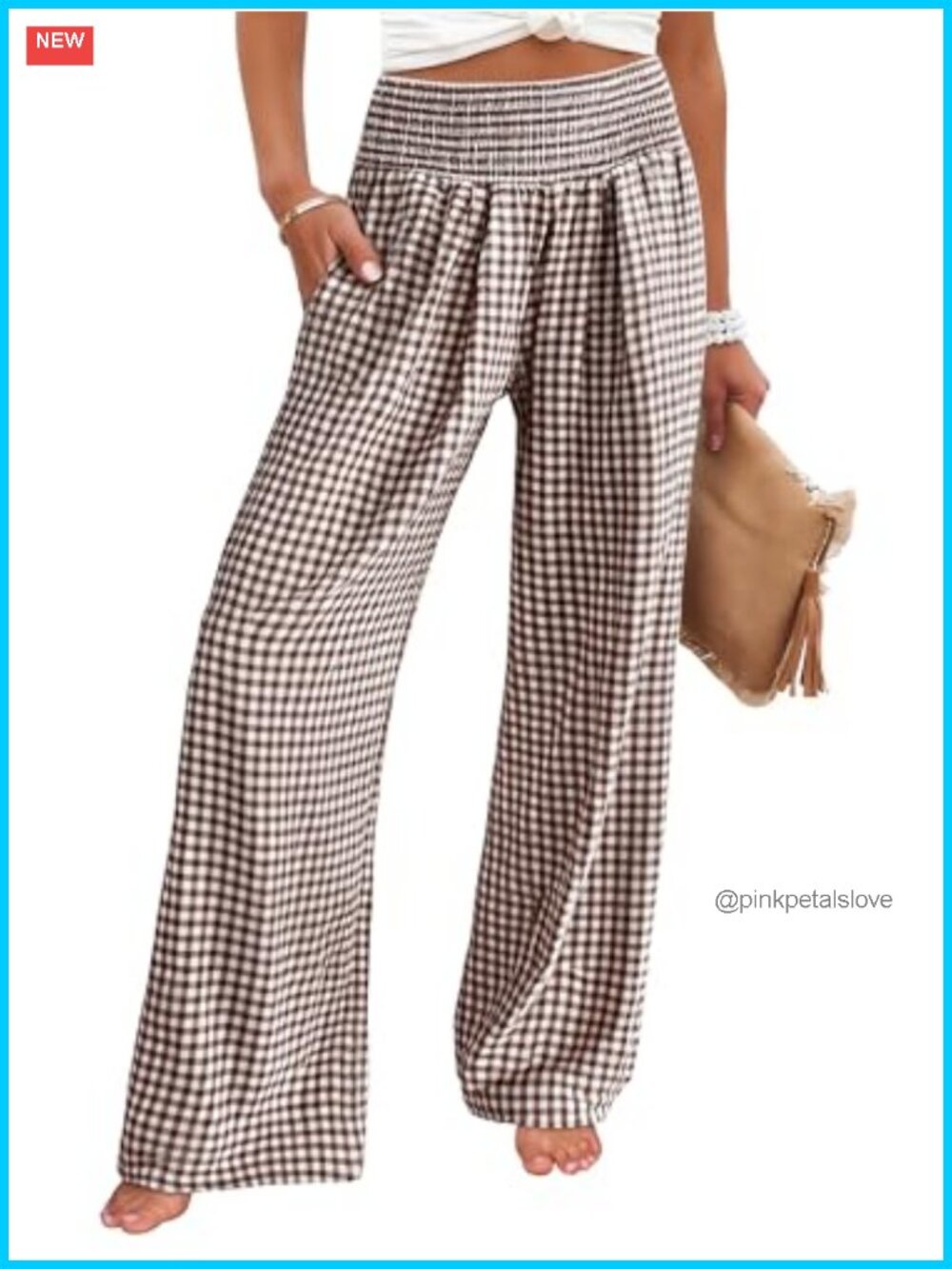 Striped Gingham Wide Leg Palazzo Pants with Pockets